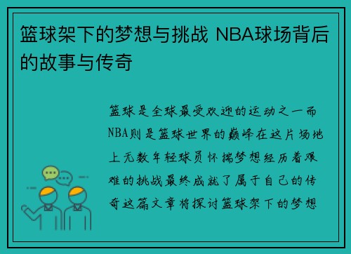 篮球架下的梦想与挑战 NBA球场背后的故事与传奇